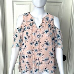 Anthropologie🌸Moon River Eyelet Peplum Light pink/Blue Floral Cold Shoulder -S
